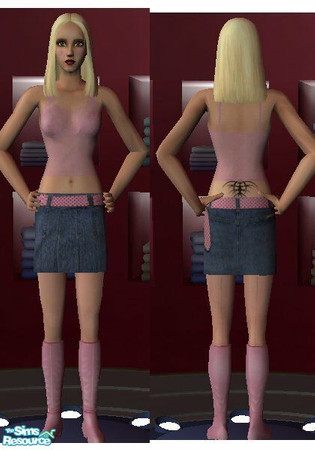 Sims 2 — Pink and Denim outfit by Futilus — Tasteful See thru pink top with faint mesh leaf print, denim skirt and pink