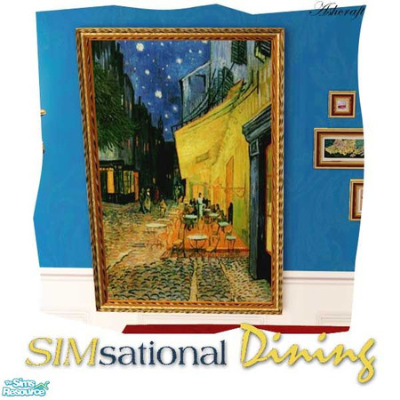 Sims 2 — SIMsational Dining Painting 002 by Cashcraft — Dark wood diningroom furniture, paired with vivid blues, makes