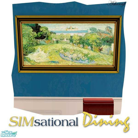 Sims 2 — SIMsational Dining Painting 001 by Cashcraft — Dark wood diningroom furniture, paired with vivid blues, makes