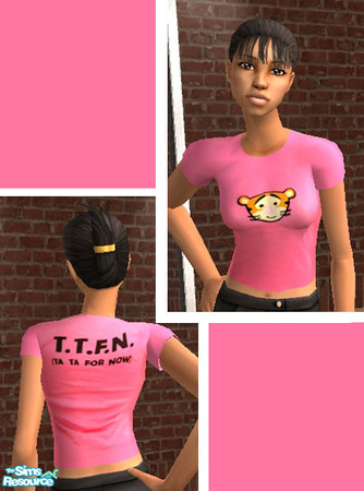 Sims 2 — Tigger Tee by ShortyBoo — A pink tee with Tigger on the front and "TTFN: Ta Ta For Now" on the back.