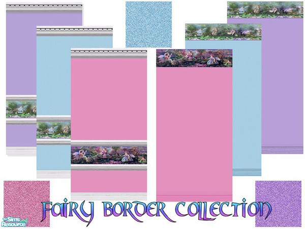 Sims 2 — Fairyland Wallpaper set by TSR Archive — 6 Wallpapers and 3 carpets with a fairy border in them. The white trim