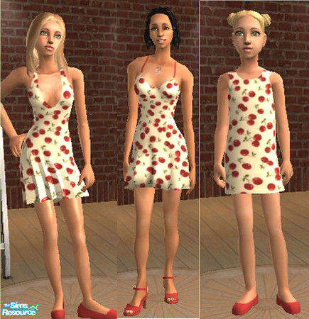 Sims 2 — Cherry Vanilla Set by ShortyBoo — Vanilla colored dresses with cherries printed on them. Set includes a dress