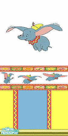 Sims 2 — Flying Dumbo 2 by Lorah — Flying Dumbo decal with border and yellow and blue wallpaper.