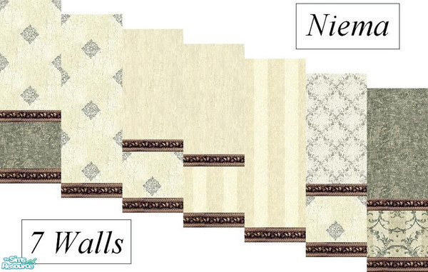 Sims 2 — Niema by Lorah — Done in creams and greys with fancy wood chair rail and baseboard.