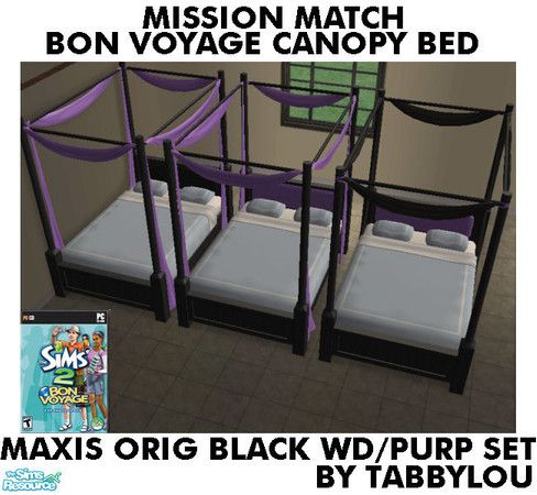 Sims 2 — TL - MM BV HOH Canopy Bed OrigBlackPurpleWd Set by TabbyLou — Recolor of the Bon Voyage HOH Canopy Bed to go