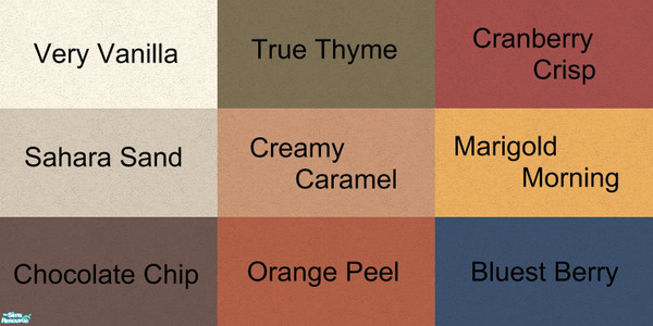 Sims 2 — Delicious Walls by tamlfra — 9 great, coordinating colors. 3 styles of every color; stucco, paneling, and a mix