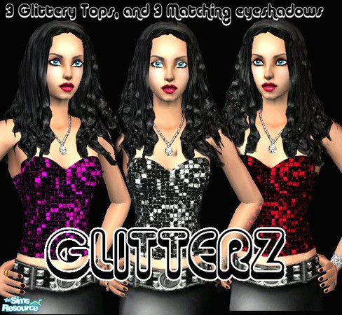 Sims 2 — GlitterZ by Lola — 3 Glittery tops, and 3 Matching Eyeshadows