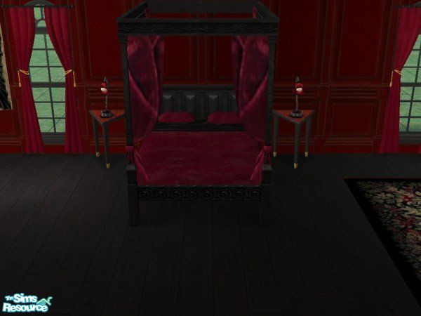 Sims 2 — Bring on the Nightlife Bed Frame by c_literati — Blackened wood and red velvet curtains for a subdued and