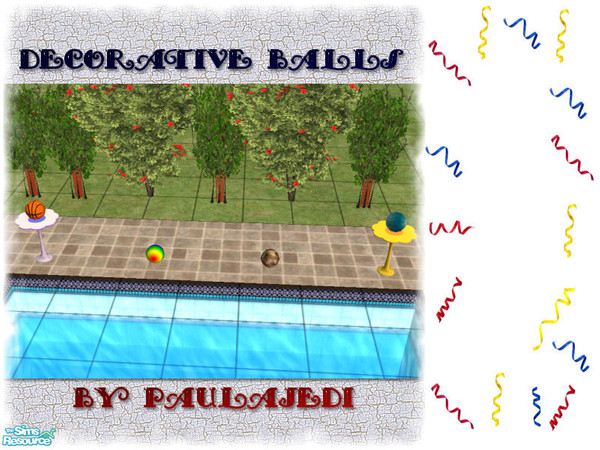 Sims 2 — Decorative Balls by paulajedi — Four decorative balls including a basketball, beach ball, a rock, and a blue,