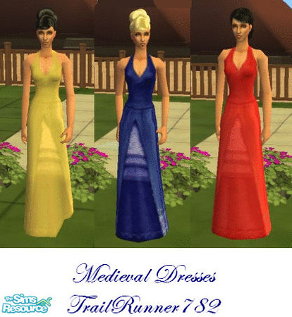 Sims 2 — Medieval Sleeveless Dress Set by TrailRunner782 — A colorful medieval sleeveless dress set in 3 colors. They
