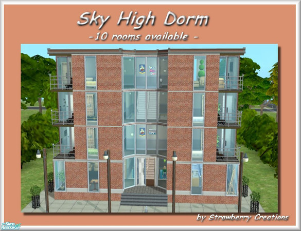 Sims 2 — Sky High Dorm by Strawbz — A fun place to live and learn! This tower style dorm has 10 rooms each with its own