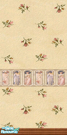 Sims 2 — Country French 6 (Rose Bud Bath) by Lorah — Antique wallpaper with pink rose buds and lovely ladies border.