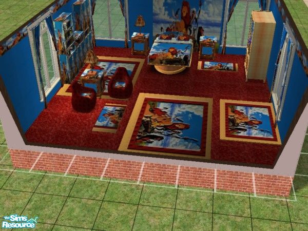 Sims 2 — Lion King rug set by ead425 — thanks to Disney:15 items,1 floor, 4 walls: bed, computer,curtains, desk, dresser,