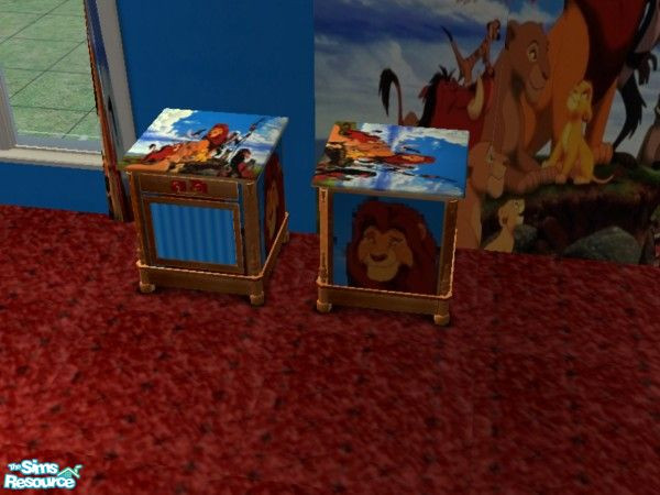 Sims 2 — Lion King nite stand by ead425 — thanks to Disney:15 items,1 floor, 4 walls: bed, computer,curtains, desk,