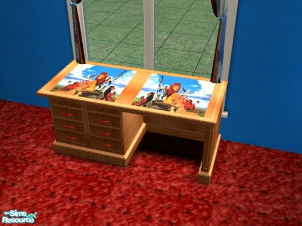 Sims 2 — Lion King desk by ead425 — thanks to Disney:15 items,1 floor, 4 walls: bed, computer,curtains, desk, dresser,