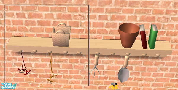 Sims 2 — Gardening Shelf 1-MESH by Simaddict99 — little shelf with basket and hanging/drying flowers. 1064 polys