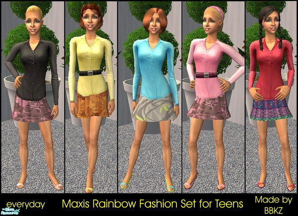 Sims 2 — Maxis Rainbow Fashion Set for Teens by BBKZ — I\'d like to present you five wonderful outfits for female