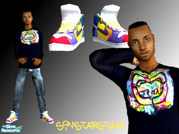 Sims 2 — Casual Urban (1) by SimStarStyle — Black designed sweater, grey jeans and multicoloured hightops! A recolour of