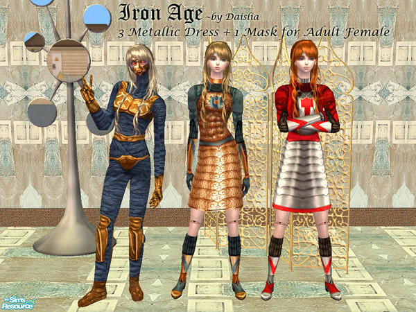 Sims 2 — Iron Age (Adult Dress Set) by Daislia — 3 Metallic dress for Adult female + 1 Mask for All age/gender. maxis
