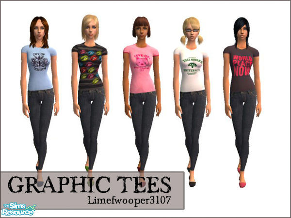 Sims 2 — Graphic Tees by Limefwooper — A set of 5 graphic tees combined with dark skinny jeans. No mesh or EP required.