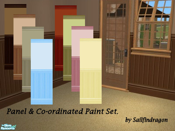 Sims 2 — Wood Panel & Paint Set by sailfindragon — Eight Paint Colours with Co-ordinated Panels, Kick and Crown.