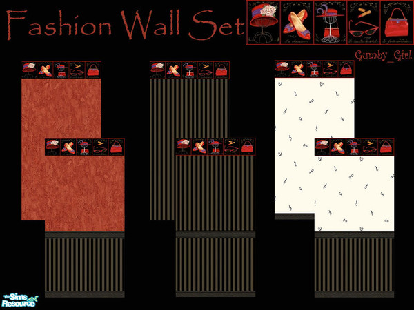 Sims 2 — Fashion Wall Set by Gumby_Girl — Set of 6 fashion theme walls. Black, grey, red & white walls with border.