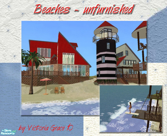 Sims 2 — Beaches (Unfurnished) by VictoriaGrace — Two houses side by side sharing the same beach, lighthouse and life