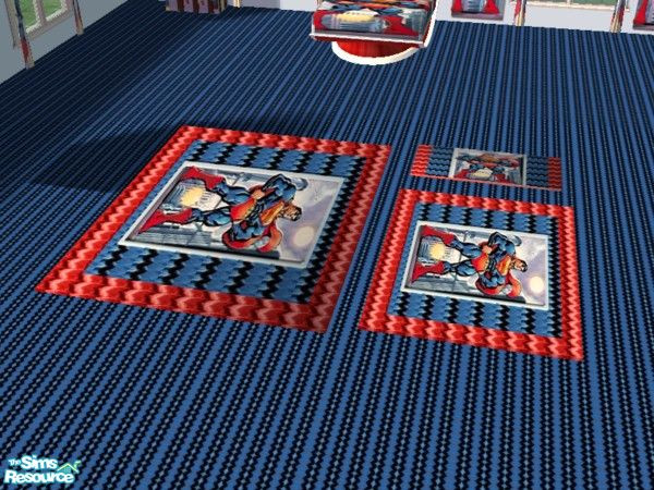 Sims 2 — Superman Bedroom rug set by ead425 — thanks to DC comics: 13 items, 2 walls, 1 floor: bed, bookcase, chairs,