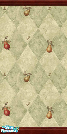 Sims 2 — Pears - Dark Molding 1 by alturego — Pretty pear patterned wallpaper with dark wood crown molding and baseboard.