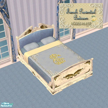 Sims 2 — French Provential Bedding by Nikki041498 — Lovely blue and cream fabrics with elegant cream and gold embroidery.