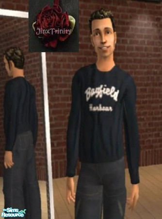 Sims 2 — Men's sweater by JinxTrinity — Darkblue sweater with Bayfield print for males.