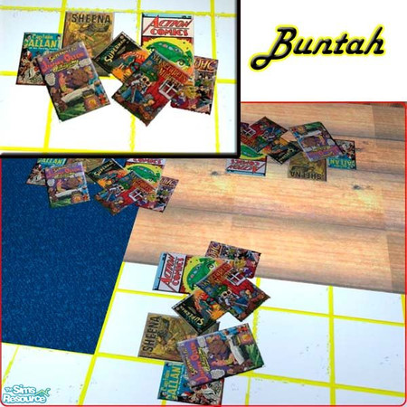 Sims 2 — Comics on the floor by buntah — This requires Echo's or Windkeeper's 3x4 rug mesh. It's a rug and works on any