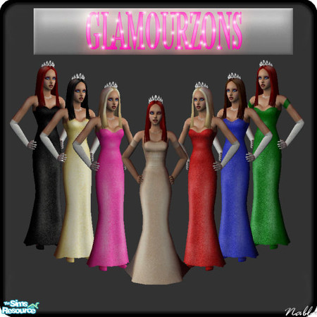 Sims 2 — The Glamourzons by nablanabla — Seven glamourous gowns, Crown mesh by Big Bad Shar and Gown Mesh from