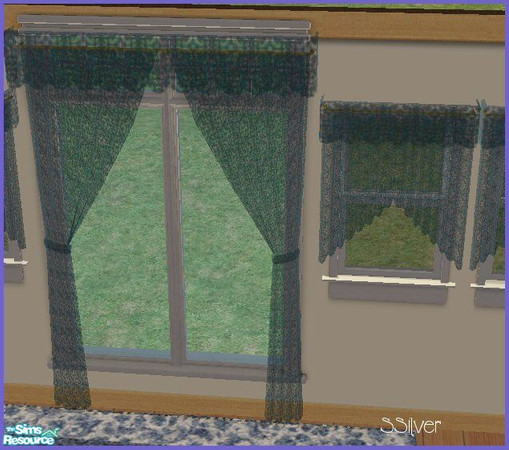 Sims 2 — White Wicker Set:  Curtains by SSilver — Blue lacy curtains that accent the White Wicker Set.