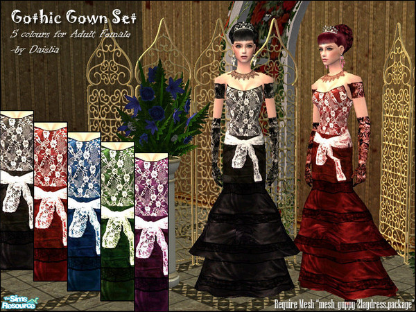 Sims 2 — Gothic Gown Set by Daislia — 5 lace dress in different colours. Recoloured from guppy_gabriel\'s beautiful mesh.