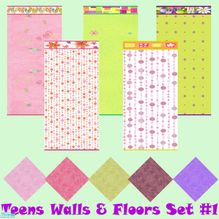 Sims 2 — Teens Wallpapers & Floors Set #1 by Sheera — This set includes 10 items : 5 walls and their 5 matching