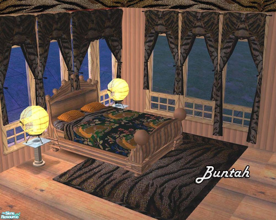 Sims 2 — Animal Fabric Theme by buntah — This set includes bedding, curtains, and a rug. The plush textures seem