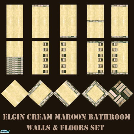 Sims 2 — Elgin Cream Maroon Bathroom Walls & Floors Set by Sheera — This set includes 15 items : 10 walls and their 5