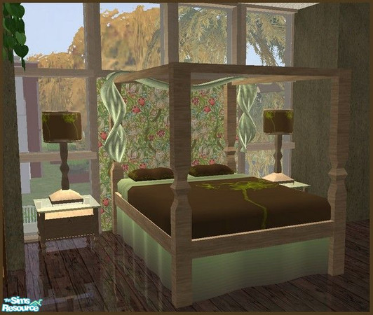 Sims 2 — Eliza Bedroom - Amve Ebbed by Angela — Wooden bed with animated Maxis Bedding which is recoloured with a Brown