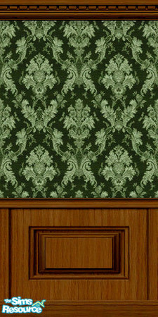 Sims 2 — Stately Study in Green by v00deux — Green brocade wallpaper matched with honey-tinted wood.