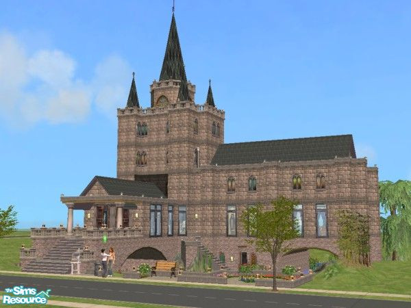 Sims 2 — Cranford Church by Tiko — A large English church by a stream, converted into a modern home. The porch spans the