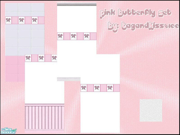Sims 2 — Pink Butterfly Wallpaper Set by tagandkiss8100 — 4 Wallpapers with the same butterfly theme and 1 white carpet.