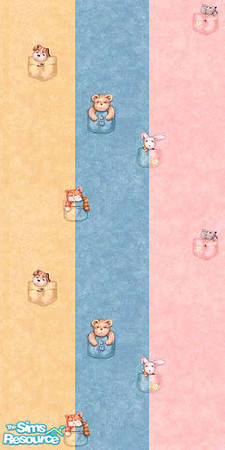 Sims 2 — My Pretty Pets by Lorah — Pretty Pet striped wall in pink, blue and yellow of gift wrapped bear, kitten, puppy,