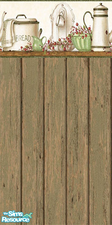 Sims 2 — Country Kitchen by skyewr — Aged wood wall with kitchenware border.