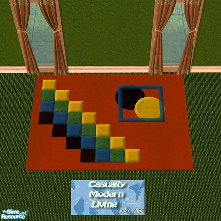 Sims 2 — Casually Modern Rug by Nikki041498 — Bright red background with Black, gold, blue and green inlays in various