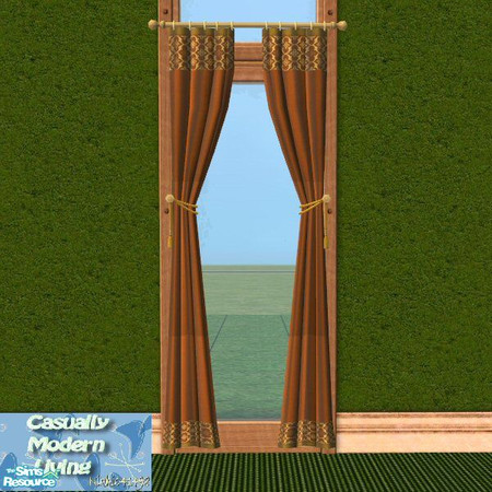 Sims 2 — Casually Modern Drapes by Nikki041498 — Sienna brown linen drapes with gold print on the top and bottom. 
