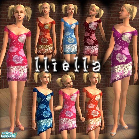 Sims 2 — Sequined dress set by lliella — This set contains 4 recolors of Big Bad Shar's assymetrical hem mesh and 4