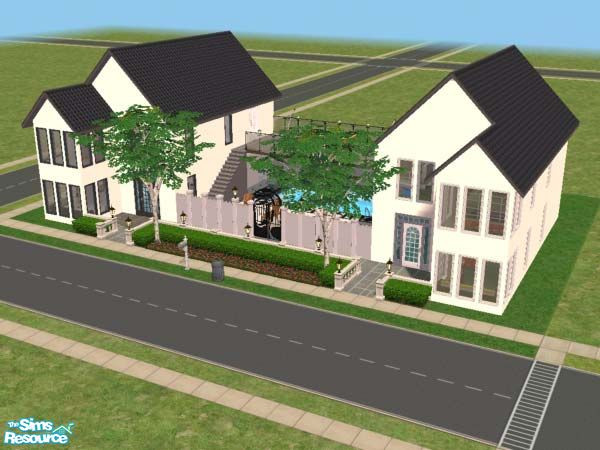 Sims 2 — Trenton by SteelLlama — Twin townhouses, fully decorated & furnished. A deck on the second floor connects