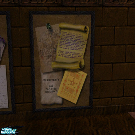 Sims 2 — Wizard's Bullitan Board 1 by arenaria — Ancient parchment scrolls and writings on a bullitan board. Part of my