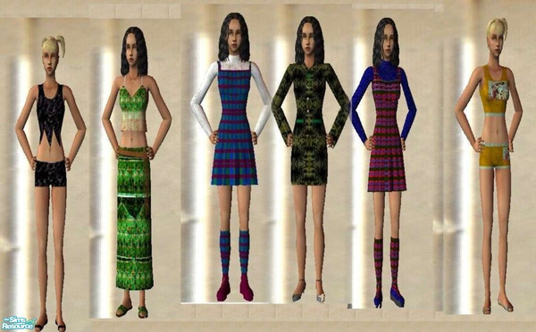Sims 2 — young adult outfits2 by ead425 — 6 outfits, 2 plaid jumpers,2 short short sets,1 long skirt and blouse, a office